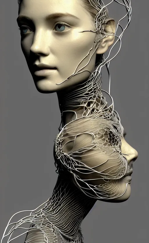 Image similar to complex 3d render ultra detailed of a beautiful porcelain profile woman face, hazel eyes, vegetal dragon cyborg, 150 mm, beautiful natural soft light, rim light, silver black details, roots, fine lace, maze like, mandelbot fractal, magnolia big yellow infrared leaves and stems, smoke, anatomical, facial muscles, cable wires, microchip, elegant, white metallic armor, octane render, black and white, H.R. Giger style