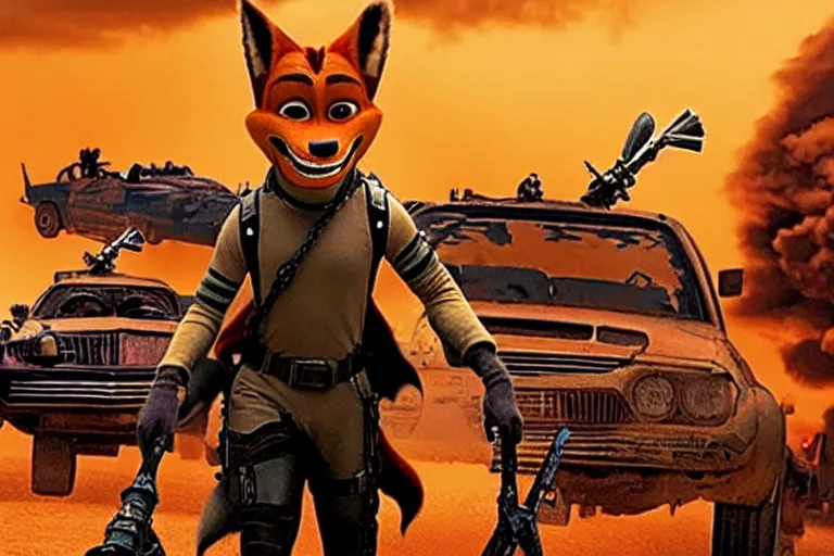 Image similar to nick wilde, heavily armed and armored facing down armageddon in a dark and gritty reboot from the makers of mad max : fury road