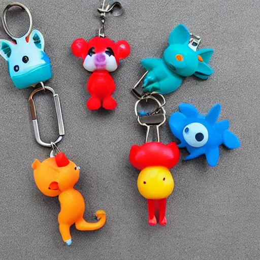 Image similar to some cute plastic toys that look like animal characters hanging from a keychain, red, dark teal, and blue