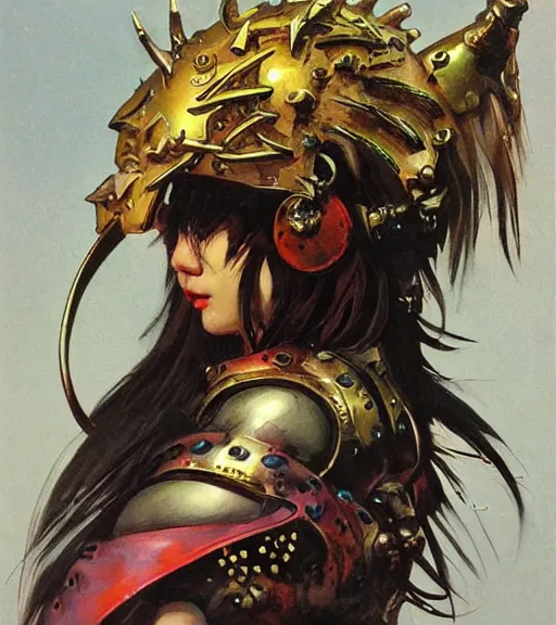 Image similar to portrait of strong korean female chaos angel, beautiful! coherent! by frank frazetta, by brom, strong line, vivid neon color, spiked scrap metal armor, iron helm maximalist