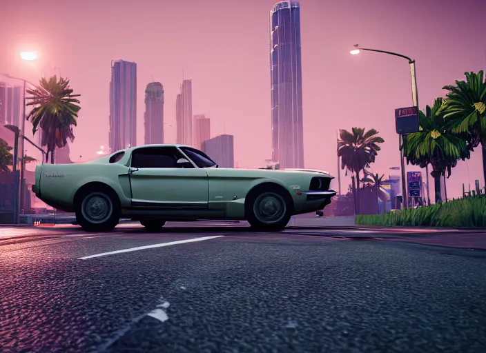 Image similar to still next - gen ps 5 game grand theft auto 6 2 0 2 4 remaster, graphics mods, rain, red sunset, people, rtx reflections, gta vi, miami, palms and miami buildings, photorealistic screenshot, unreal engine, 4 k, 5 0 mm bokeh, close - up ford mustang, gta vice city remastered, artstation