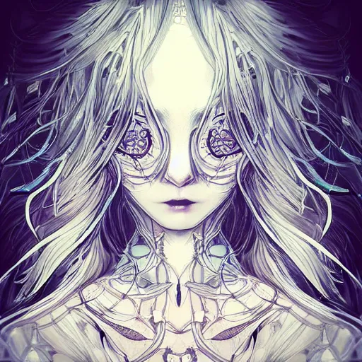 Prompt: glitchcore ghost, heroine, beautiful, detailed symmetrical close - up portrait, intricate complexity, in the style of artgerm and kazuki tanahashi, cel - shaded