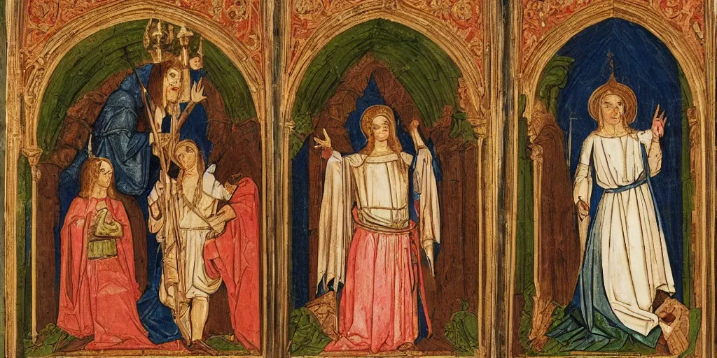 Prompt: Hasbulla portrayed as our lord and saviour, medieval triptych