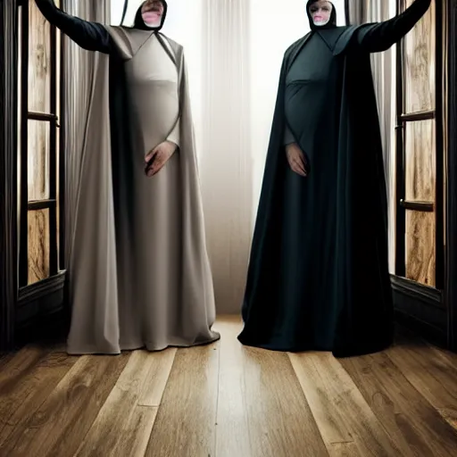 Image similar to award winning photo,two Hovering twin nuns, wearing pointed hoods, buxom chested, blindfolded, wearing translucent veils, see through dress, Very long arms, bedroom, wood door, eerie, frightening, highly detailed, photorealistic, colorized —width 1024 —height 1024