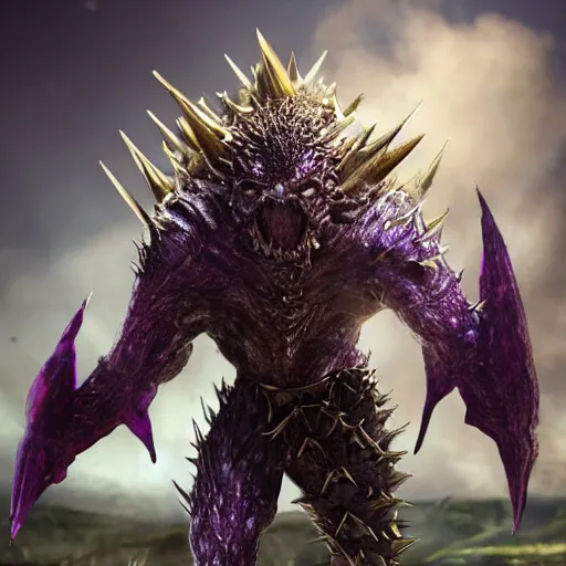 Prompt: ugly monster, spikes on the body, skin spikes, purple skin, skinny, gold armor, battleground background, battlefield