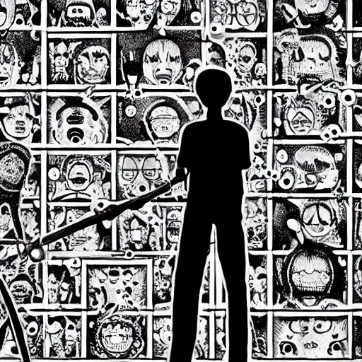 Prompt: close-up scene neighbor holding a drill and drilling holes in a room, all wall is drilled with holes, manga, black and white manga horror in style of junji ito, kentaro miura