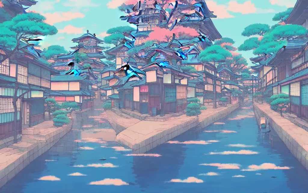 Prompt: a japanese city near the sea, lofi, dreamy, moody, very colorful, anime inspiration, ghibli vibe