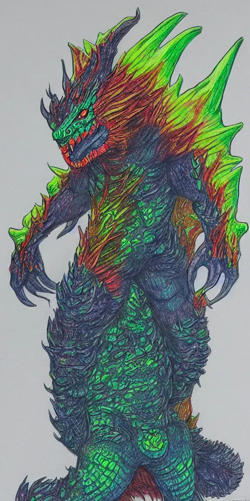 Image similar to a kaiju figurine super detailed colored pencil drawing with fluo colors