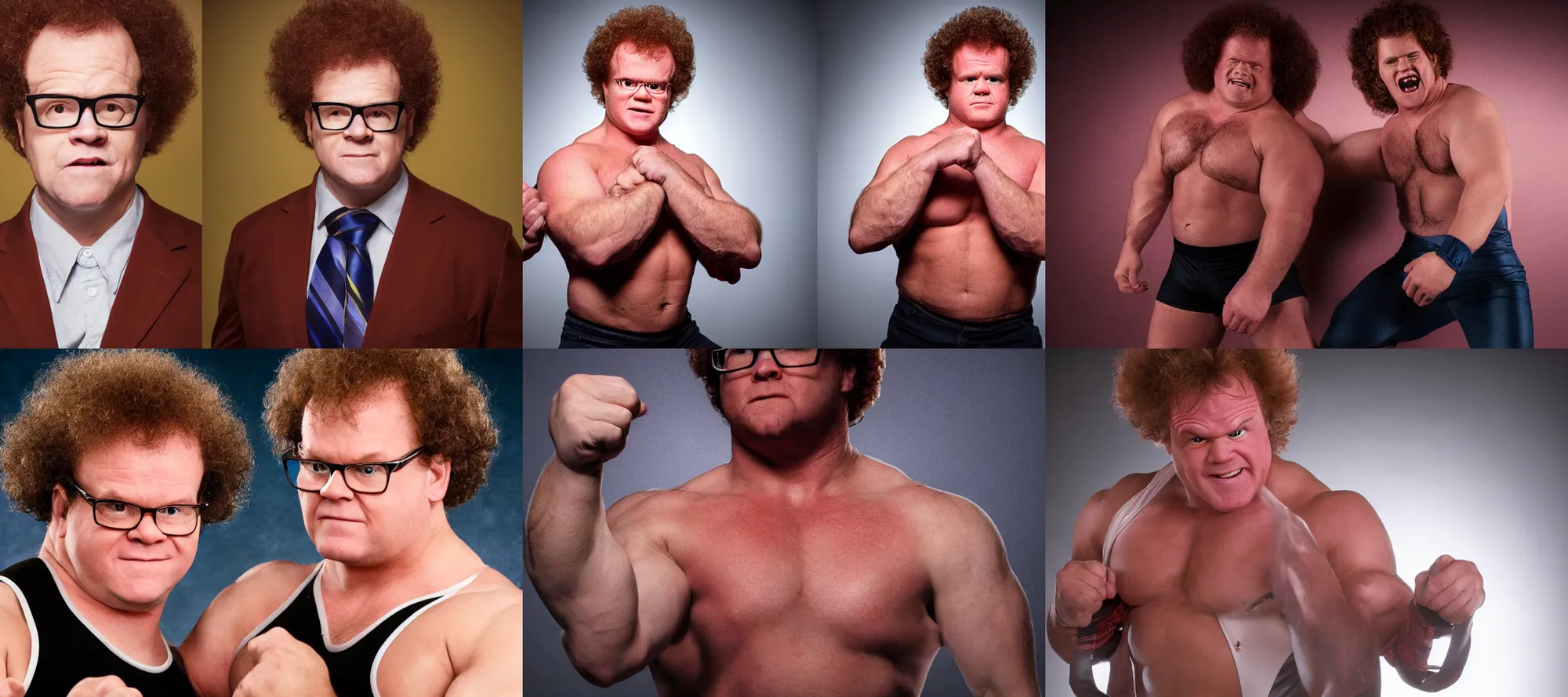 Prompt: Dr Steve Brule as a hunk wrestler, promotion photo, studio lighting, highly reflective