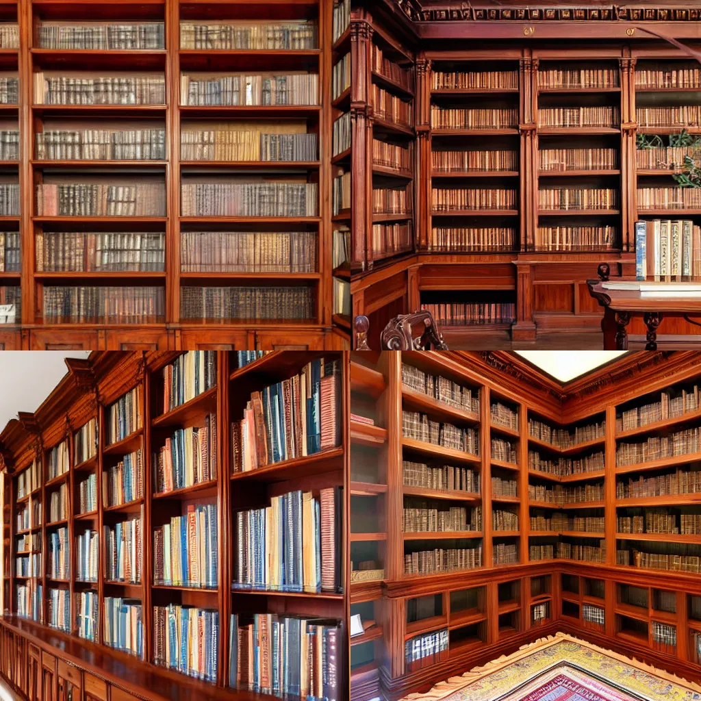 Prompt: Interior view of an ancient library with mahogany wood shelves