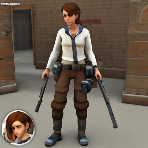 Image similar to gameplay footage of Emma Watson in Team Fortress 2, 3d Render, source engine