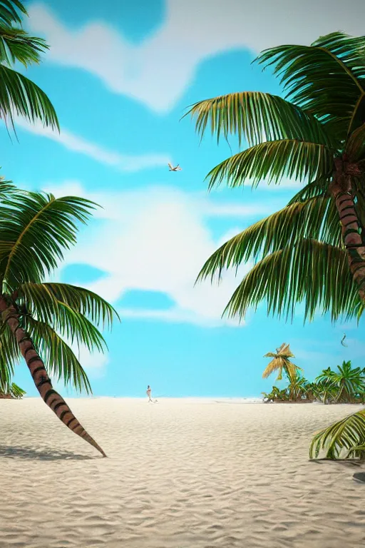 Image similar to a beautiful children ’ s illustration on paper of a beach with coconut palms 8 k, frostbite 3 engine, cryengine, dof, trending on artstation, digital art, crepuscular ray