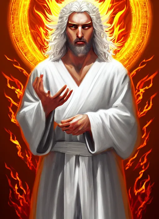 Image similar to « portrait of the white - haired jesus in a white robe and flaming yellow eyes, holding seven stars in right hand, grim - lighting, high - contrast, intricate, elegant, highly detailed, digital painting, artstation, concept art, smooth, sharp focus, illustration »