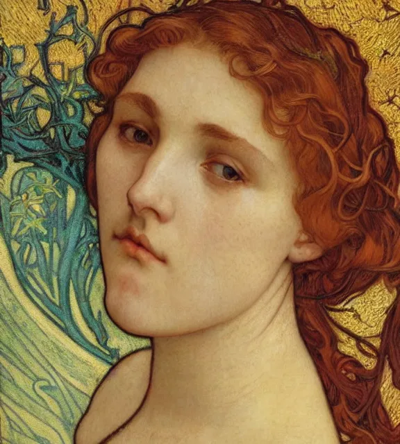 Image similar to detailed realistic beautiful young medieval queen face portrait by jean delville, alphonse mucha, vincent van gogh, and marco mazzoni, art nouveau, symbolist, visionary, gothic, pre - raphaelite