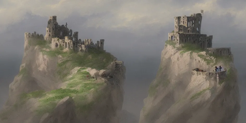 Prompt: A detailed matte painting of a massive ruined castle on the top of a cliff, inhabited by vampires, trending on artstation by Ivan Aivazovsky and studio Ghibli, at dusk, concept art, frontal view illustration, trending on artstation, very detailed