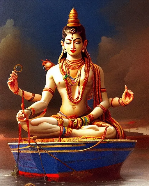 Prompt: One many-armed Shiva sits. In the background gasoline on the water. High detail, hyperrealism, masterpiece, close-up, ceremonial portrait, solo, rich deep colors, realistic, art by Yoshitaka Amano, Ivan Aivazovsky