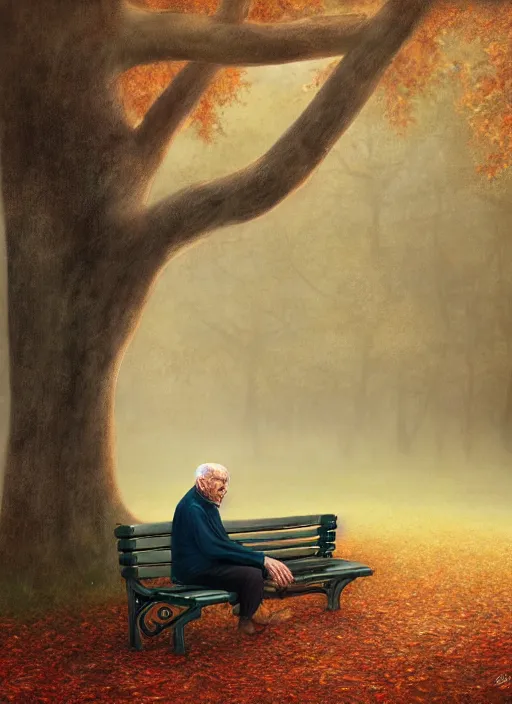 Prompt: an old man tangled around a park bench. portrait of a stretchy old man wrapped and tied around a park bench, autumn tranquility, forgetfulness, oblivion, inevitability, aging, surreal portrait, moody, by tom bagshaw, cold, 4 k