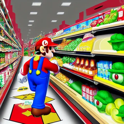 Image similar to Super Mario shopping in Tesco, photograph, photorealistic, picture, supermarket, store