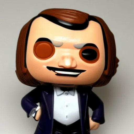 Prompt: a saul goodman bobblehead funko pop in a suit and tie.