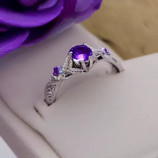 Prompt: a beautiful engagement ring, made out of shiny silver, the ring is covered in purple majestic fire, high quality, photo realistic, detailed, 8k