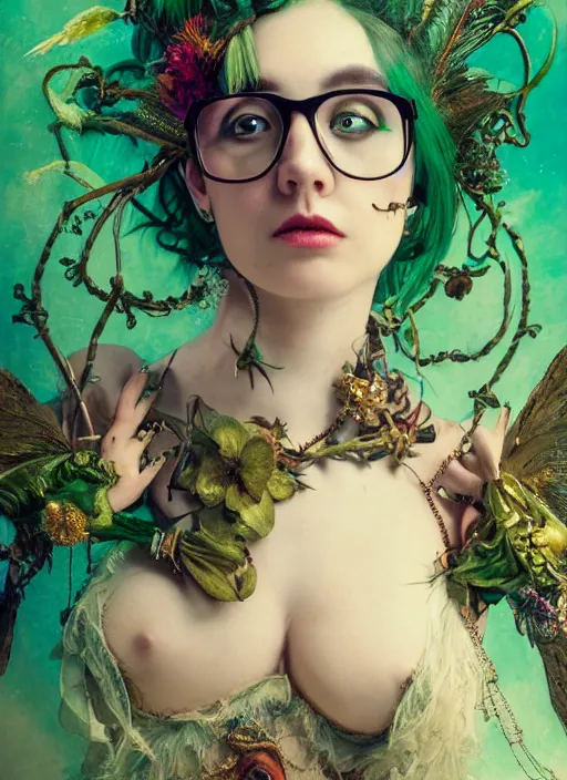 Prompt: full body portrait a baroque steampunk gorgeous green haired queen of birds with a tattered dress and glasses, with feather decoration and floral growths, dreamscape, female, ross tran, vivid colors, intimate, sensual, anatomical, highly detailed sculpture, intricate detailed, ommatidia, 8 k, cinematic atmosphere, post - processing