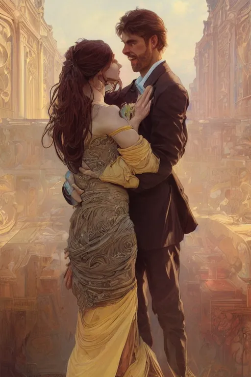 Image similar to portrait of a man in dhl van hugging his wife, feelings, romantic, fantasy, intricate, elegant, highly detailed, digital painting, artstation, concept art, smooth, sharp focus, illustration, art by artgerm and greg rutkowski and alphonse mucha
