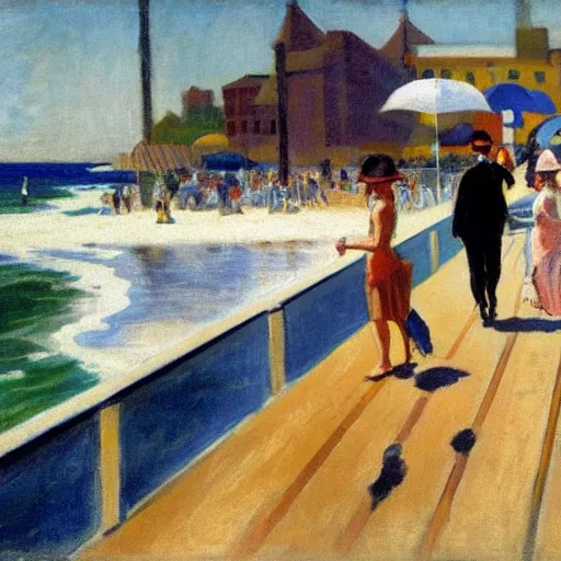 Prompt: people walking on the boardwalk on a hot summer day, 1 9 2 0 s, by john french sloan