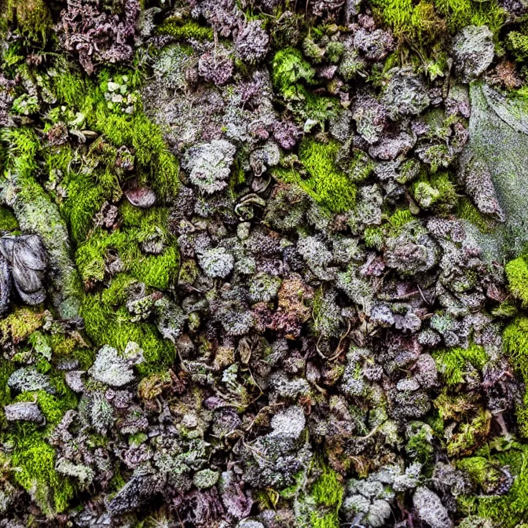 Image similar to a drawn picture lichens and moss close-up various fungus, mushrooms and plants, Atmospheric phenomenon, artistic photography, muted colors, conceptual, long exposure outside the city