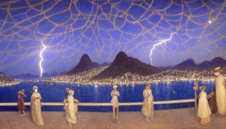 Image similar to a ultradetailed beautiful painting of the night sky of the rio de janeiro palace balustrade designed by jules bastien - lepage, tarsila do amaral, frank weston and gustave baumann, beach, trending on artstation, mediterranean, palm trees, sharp focus, lightning star sparkles refraced lines, soft light, 8 k