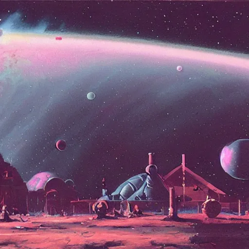 Image similar to a village on saturn by paul lehr,