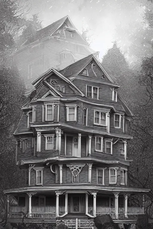 Image similar to line art of the amityville horror house, highly detailed, photorealistic, artstation, smooth, sharp focus, illustration, unreal engine 5, 8 k, art by art by artgerm and greg rutkowski and edgar maxence