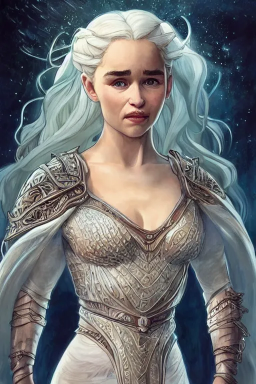 Image similar to Emilia Clarke wearing Kida's outfit from Atlantis, cute, fantasy, intricate, elegant, highly detailed, digital painting, 4k, HDR, concept art, smooth, sharp focus, illustration, art by artgerm and H R Giger and alphonse mucha