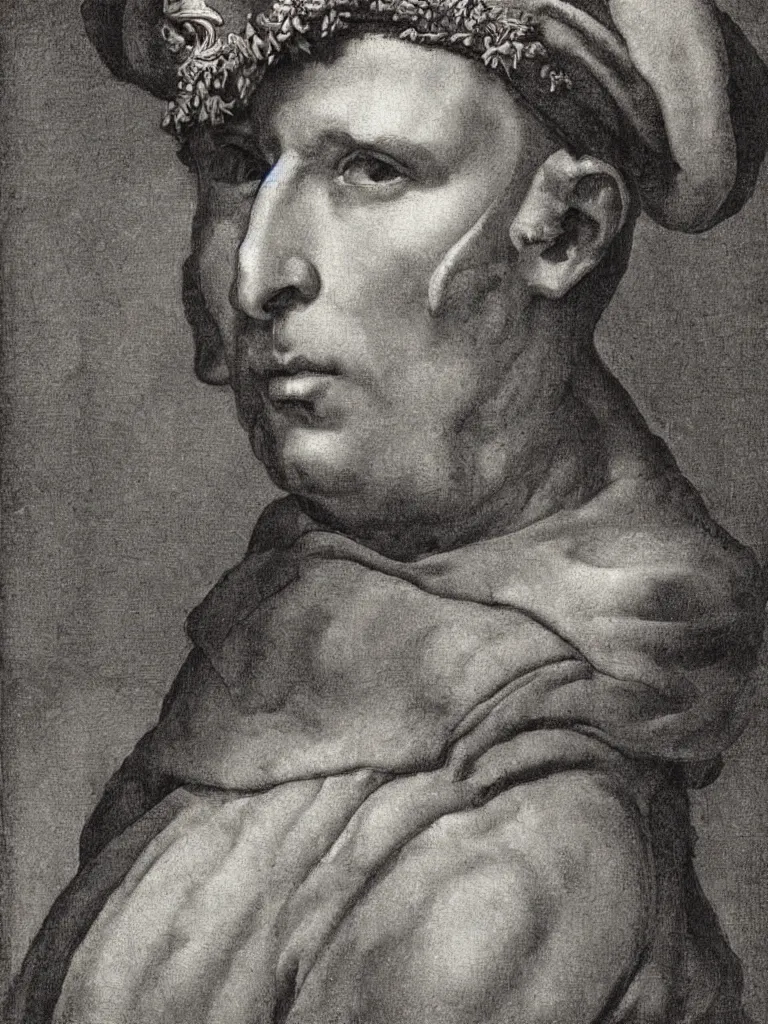 Prompt: portrait of a soldier wearing a crown by michelangelo