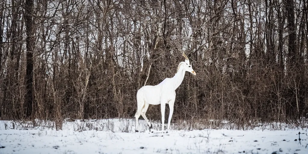 Image similar to a long maned spotless albino white giraffe elk walks alone thru an enchanted forest, majestic!!! beautiful!!!, ethereal!!!, loving, ultra realistic, winter, golden hour, volumetric lighting, sharp focus