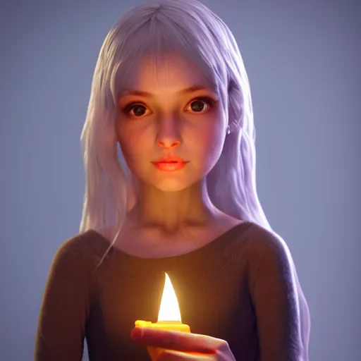Prompt: A cute feminine girl holding a glowing candle, fragile, soft, vray,Unreal engine 5, hyperdetailed, 3d character, game character