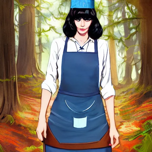 Image similar to a portrait of a 1 9 6 0 s woman with curly black hair and blue eyes, and an apron in the forest, dynamic lighting, fantasy concept art, trending on art station, stunning visuals, cinematic, ultra detailed