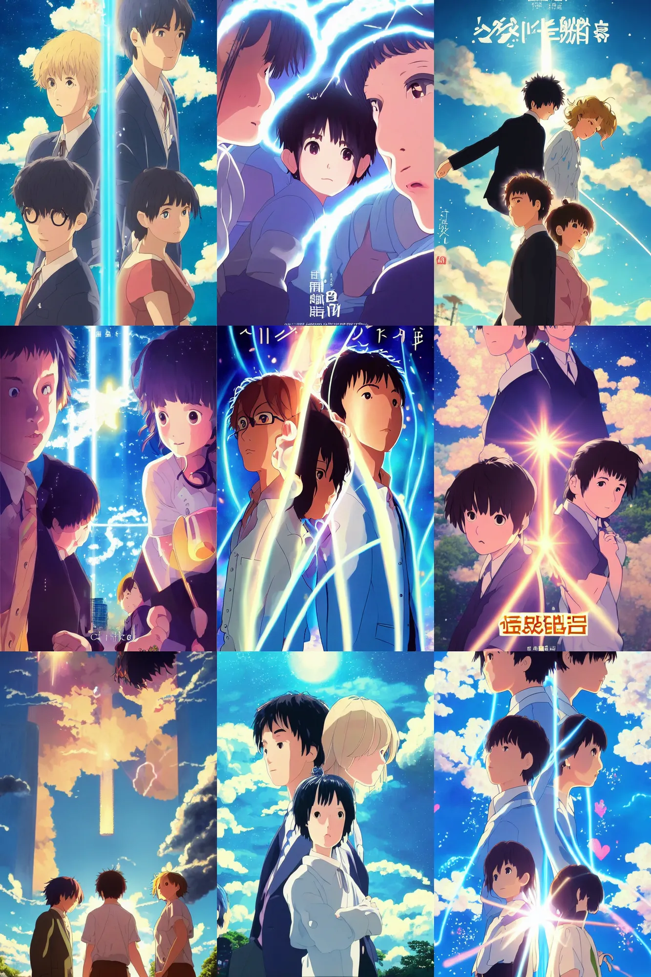 Prompt: your name solving epic mysteries, Klaus Movie poster, movie still, artwork by Chiho Aoshima, a oil Rendering illustration of a cinematic beautiful closeup moment of three friends standing facing love, full of details, full view, trending on artstation