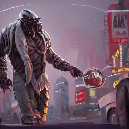 Image similar to The Predator dressed as a short order cook from a diner service ice cream cones from a cart in Time Square to a long line of children, cinematic lightning, medium shot, mid-shot, highly detailed, trending on artstation, Unreal Engine 4k, cinematic wallpaper, by Dustin Nguyen, Akihiko Yoshida, Greg Tocchini, Greg Rutkowski, Cliff Chiang, 4k resolution