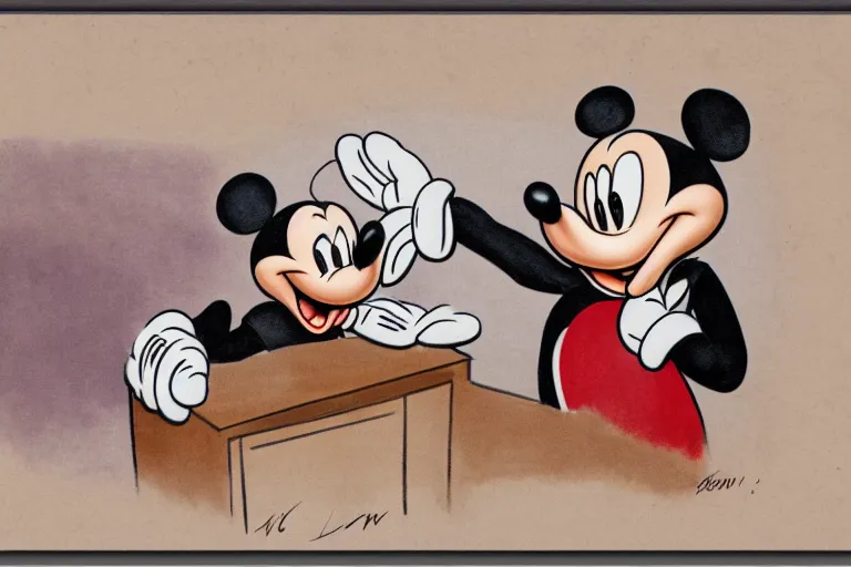 Image similar to courtroom sketch of vintage disney character mickey mouse presenting evidence of copyright infringement to the judge bench court room wooden serious dark tone