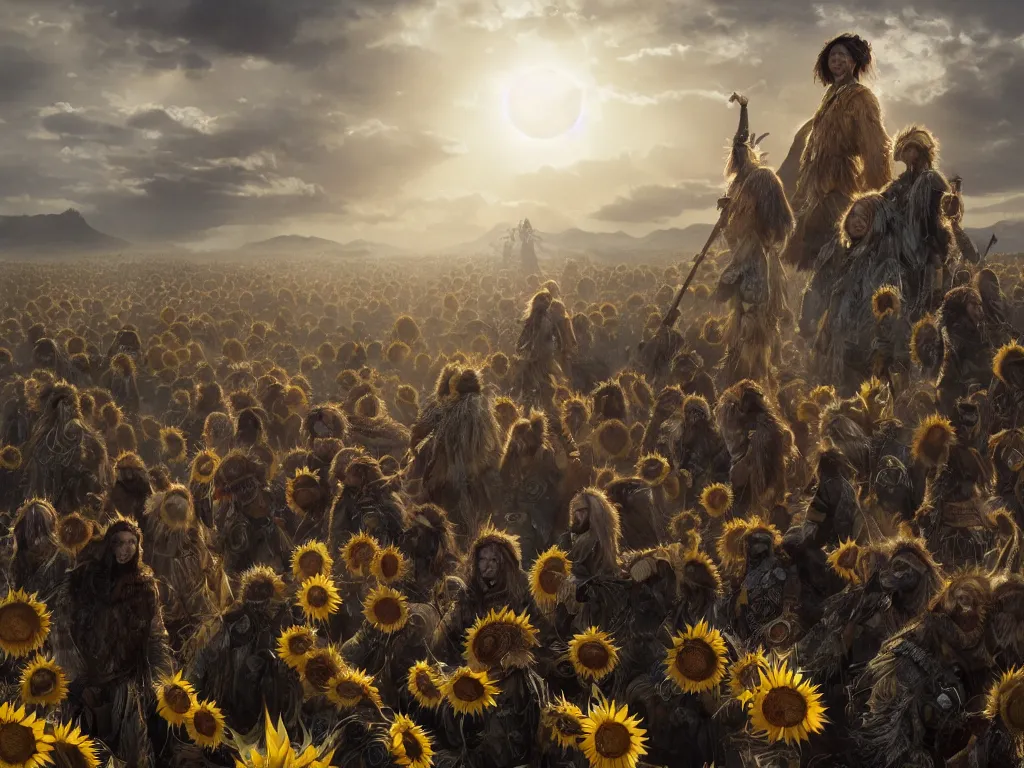 Image similar to a fancy portrait of the mighty sunflower people, a powerful nomadic mongolian tribe of giant humans that follows the sun in a vast barren valley where helianthus grow, by Greg Rutkowski, Sung Choi, Mitchell Mohrhauser, Maciej Kuciara, Johnson Ting, Maxim Verehin, Peter Konig, Bloodborne, macro lens, 35mm, 8k photorealistic, cinematic lighting, HD, high details, atmospheric