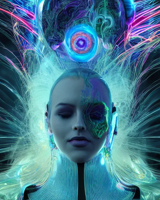 Image similar to a powerful energy psychedelic woman, by alexander fedosav, hyper detailed digital matte painting, concept art, hyperrealism, 1 6 k resolution, cinema 4 d, 8 k resolution, trending on artstation, behance hd, a masterpiece, by stephan martiniere, particles, cel - shaded, power bright neon energy, by david a. hardy,