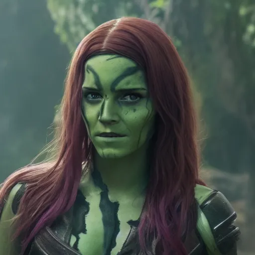 Image similar to Film still of Emma Watson as Gamora, from Guardians of the Galaxy Vol. 2 (2017), full shot