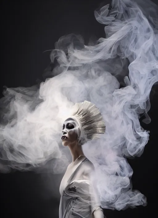 Image similar to a Photorealistic dramatic hyper realistic render of a glamorous Mexican ghost smoke by Ken Brower and Deborah Ory, Lois Greenfield, Beautiful dynamic dramatic dark moody lighting, volumetric, shadows, cinematic atmosphere, Octane render, 8K