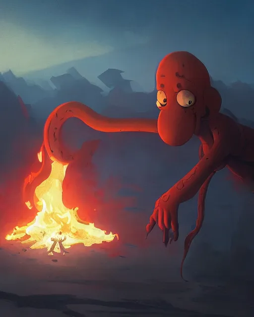 Prompt: squidward with [ four legs ] wearing fire nation clothing and practicing firebending outside at susnset, [ greg rutkowski ]