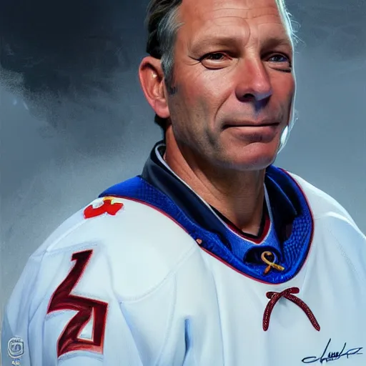 Prompt: beautiful portrait of hockey coach Clint Malarchuk, fantasy, intricate, elegant, highly detailed, digital painting, artstation, concept art, smooth, sharp focus, luxury fashion illustration, art by artgerm and greg rutkowski and alphonse mucha, brightly lit cinematic soft lighting, photorealistic