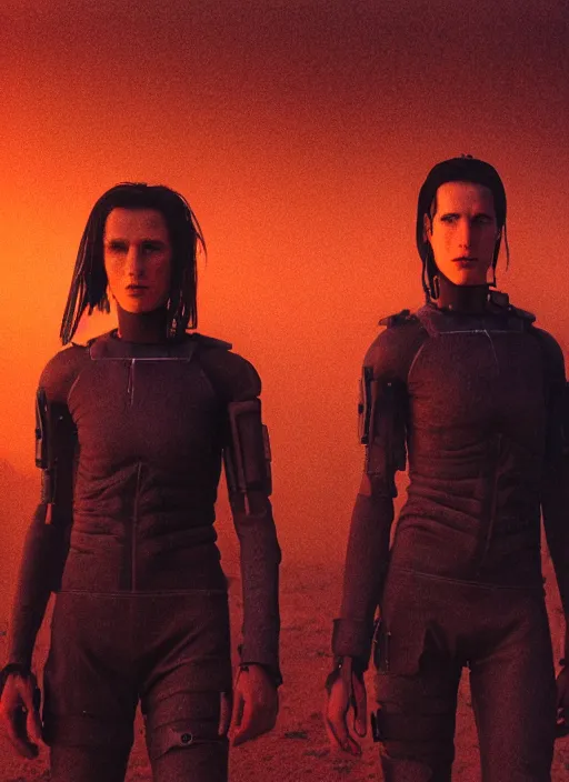 Image similar to cinestill 5 0 d photographic portrait by steve mccurry of two lesbian female androids wearing rugged black mesh techwear on a desolate plain with a red sky, extreme closeup, cyberpunk style, dust storm, 8 k, hd, high resolution, 3 5 mm, f / 3 2, ultra realistic faces, ex machina, blade runner