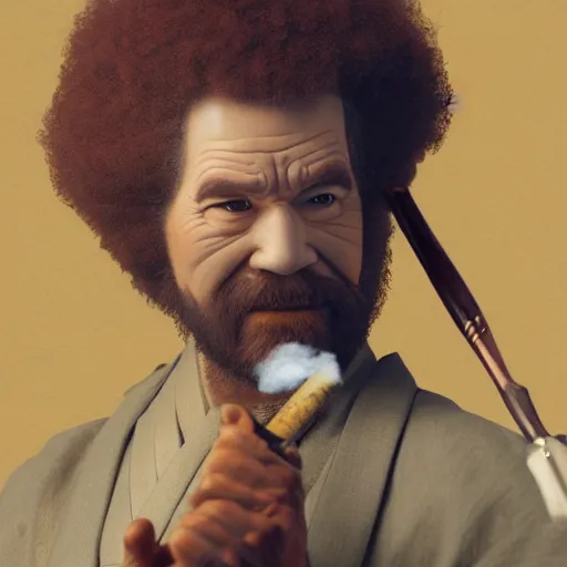 Prompt: an ultra detailed matte painting of bob ross smoking a pipe and dressed as a wandering ronin samurai, edo japan, concept art by jeong seon and alphonse mucha and greg rutkowski, octane render, 8 k, detailed face