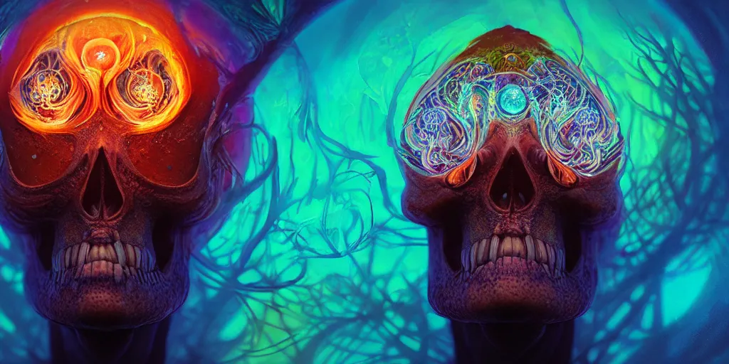 Image similar to psychedelic shaman close-up portrait. amanita muscaria phoenix head, nautilus, insect, skull, ice and fire, bioluminiscent creatures, intricate artwork by Tooth Wu and wlop and beeple. octane render, trending on artstation, greg rutkowski very coherent symmetrical artwork. cinematic, hyper realism, high detail, octane render, 8k