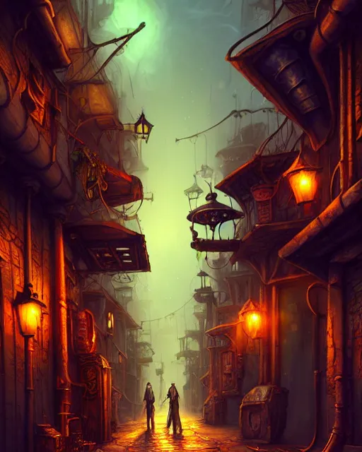 Image similar to street view of an otherworldly alley in the planescape city named sigil, crowded, beautiful digital painting in the style of wlop, volumetric lightning, intricate details, ultra realistic, by art germ, by gerard brom, steampunk, fantasypunk, deep colors, amazing d & d art, trending cgsociety, artstation, sharp