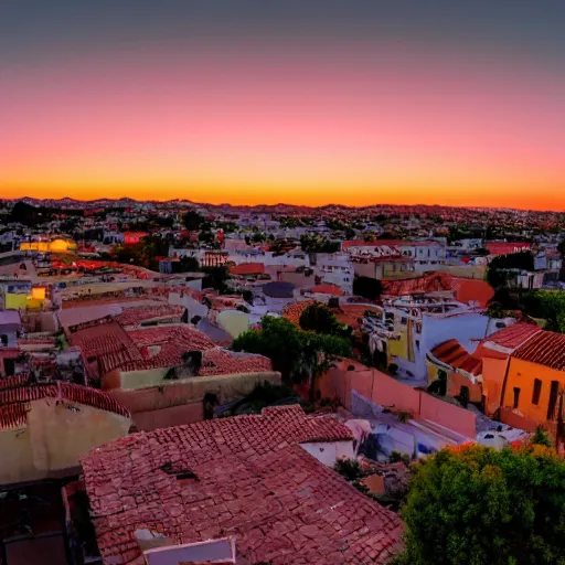 Prompt: a very high quality photo of a beautiful hispanic town during sunset